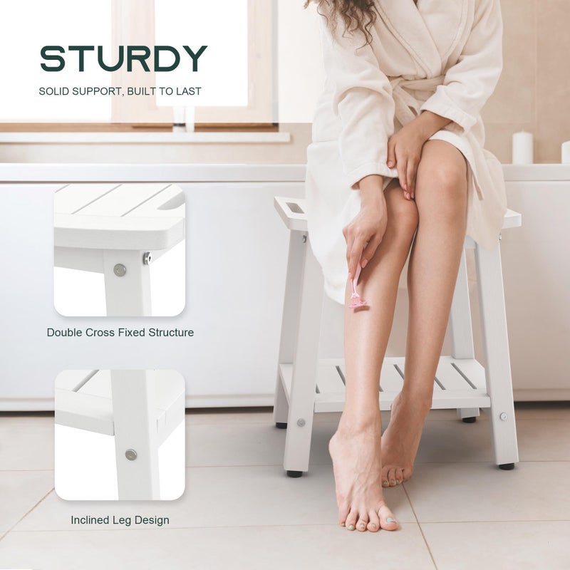 BEKVEM Shower Bench for Inside Shower - White HDPE Shower Stool Waterproof - Spa Bathroom Seat Chair with Handle, Storage Shelf, Adjustable Feet - Indoor/Outdoor, Weather Resistant - Image 4