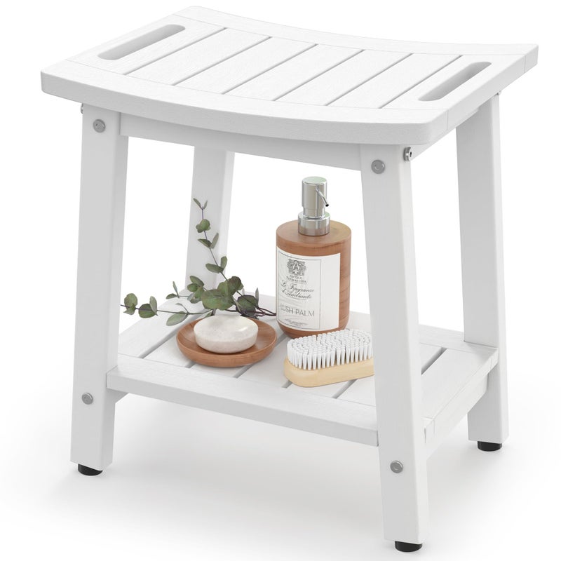 BEKVEM Shower Bench for Inside Shower - White HDPE Shower Stool Waterproof - Spa Bathroom Seat Chair with Handle, Storage Shelf, Adjustable Feet - Indoor/Outdoor, Weather Resistant - Image 1