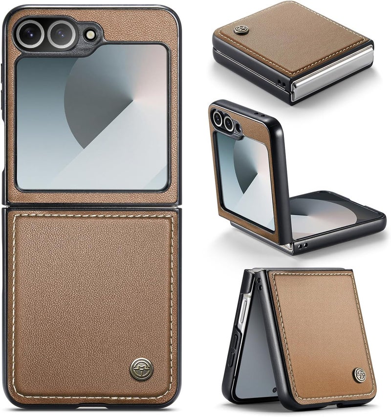 Rerzoiro Case for Samsung Galaxy Z Flip 6 Case, Case Premium PU Leather + Hard PC durable Ultra-thin Case Anti-Fingerprint Heavy Duty Rugged Protective Cover for Samsung Z Flip 6, Brown - Image 1