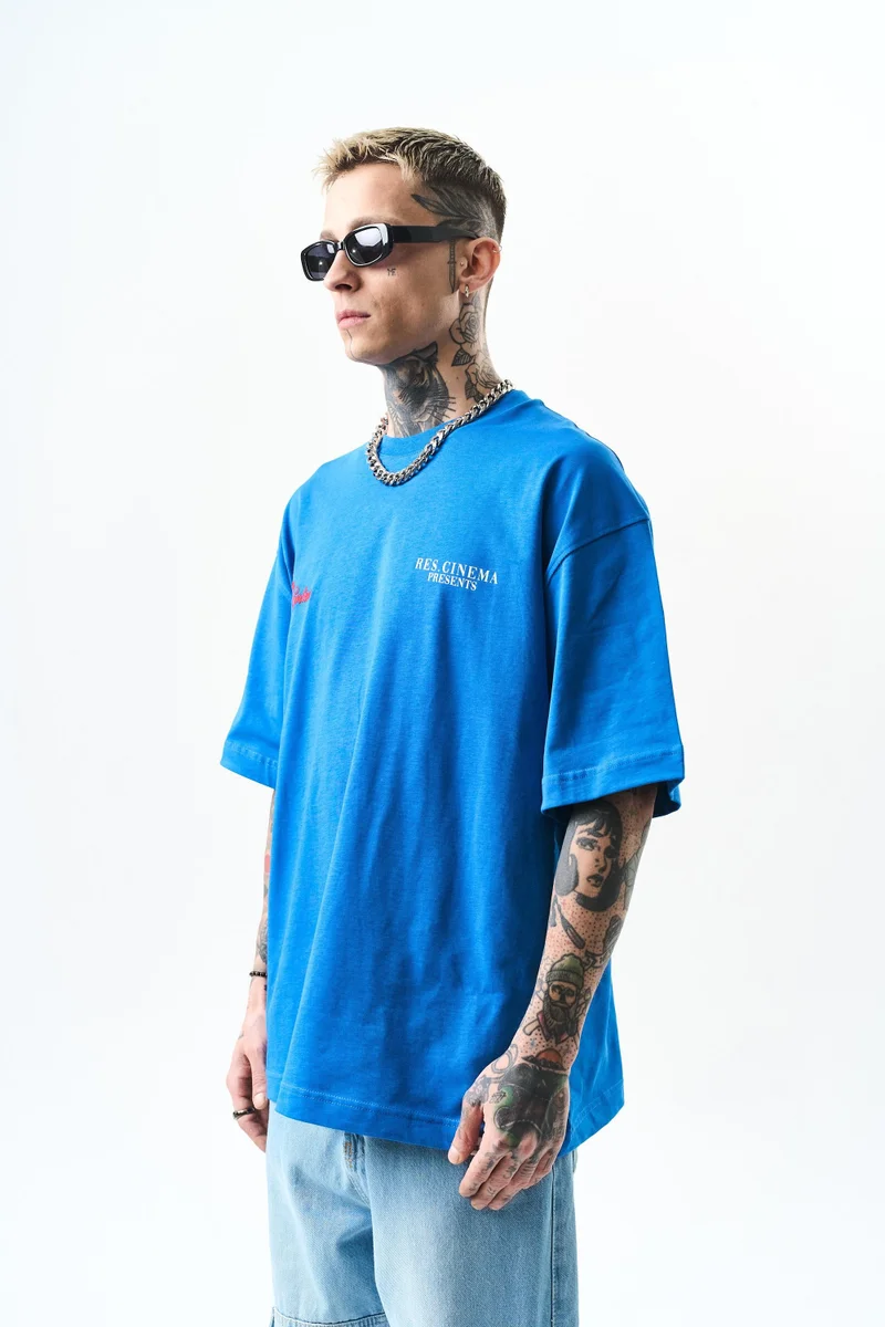 ريسباير تي شيرت رجالي مقاس كبير (Oversize) بطبعة "Godfather"، أزرق