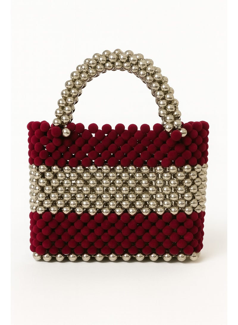 Handmade Beaded Bag Burgundy & Silver – Fully Handcrafted Elegant Evening Handbag - Image 3