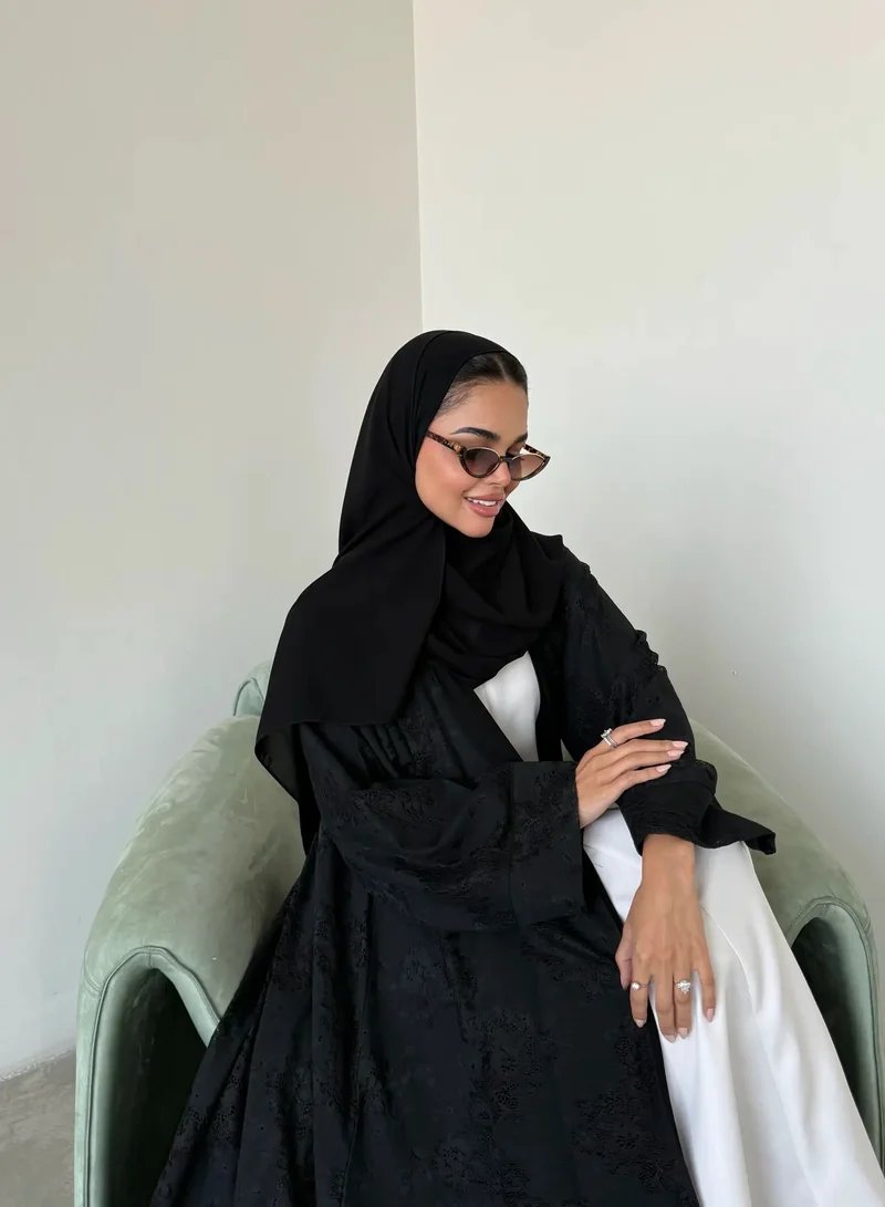 Lusin Abaya Black Linen Abaya with Lace Detail & Veil