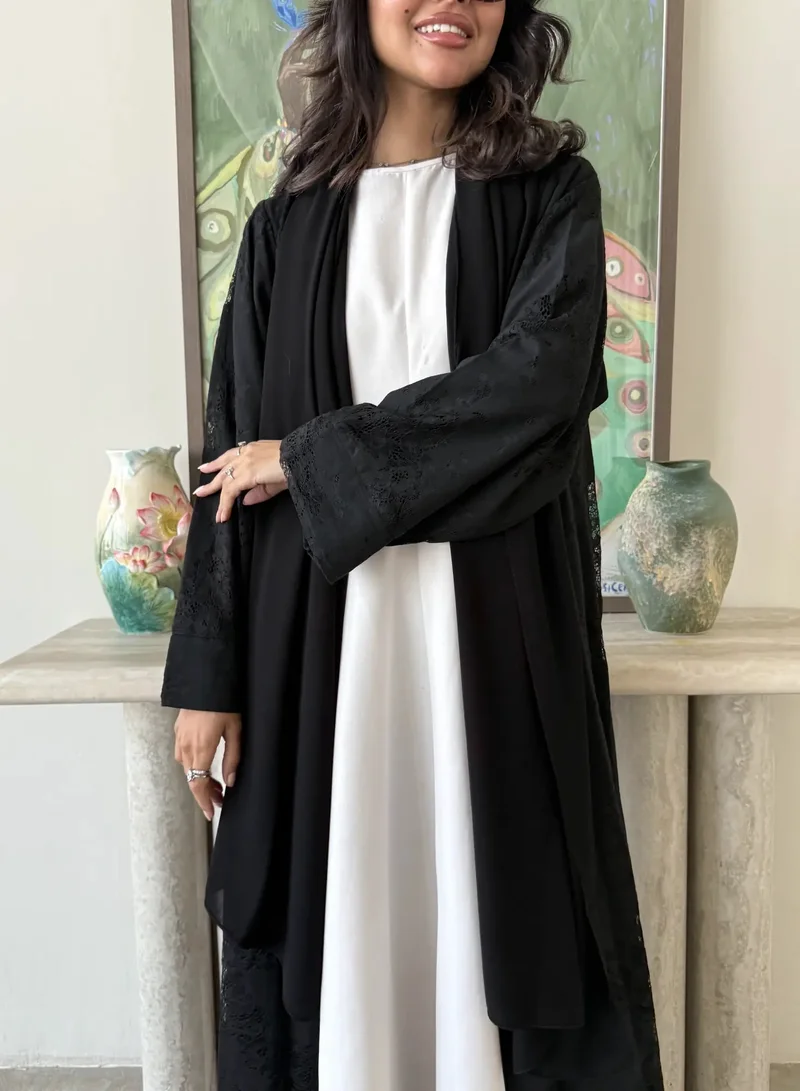 Lusin Abaya Black Linen Abaya with Lace Detail & Veil