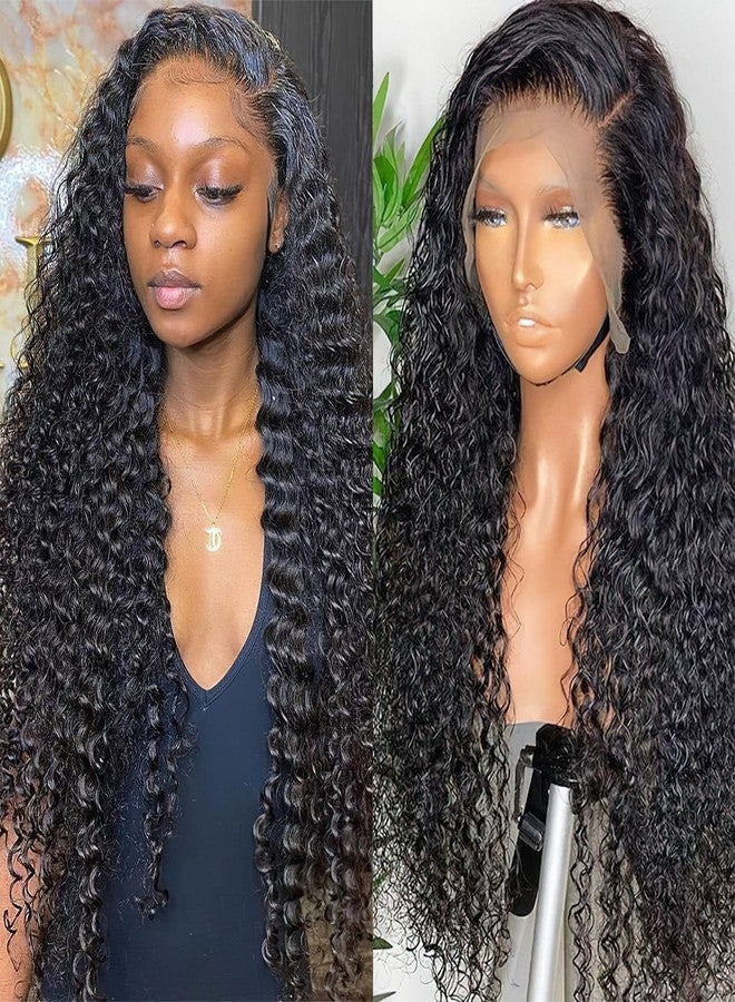 AUOCATTAIL Black Curly Wigs 13x6 HD Transparent Glueless Lace Front Wigs Simulation Human Hair 150 Density Pre Plucked Pre Cut With Baby Hair Deep Wave Wigs for Women (28 Inch) - Image 1