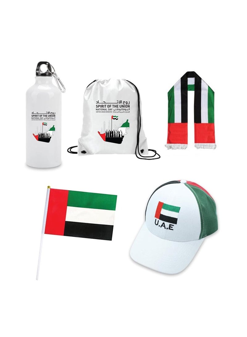 PRINTSHOP4ME UAE Celebration Day Gift Set _5-Piece Combo Set With Drawstring Bag,Scarf,Flag,Caps,And Aluminium Water Flask_Perfect For Events And Celebrations - Image 1