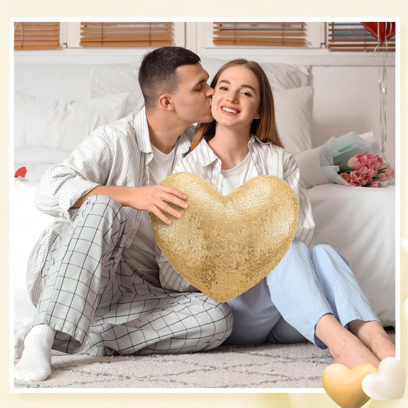 Yookeer Glitter Sequins Heart Shaped Pillow 14'' x 12'' Valentine's Day Decorative Sparkling Throw Pillows Solid Soft Shiny Cushion for Women Valentine Wedding Anniversary Bed Couch Decor(Gold) - Image 4