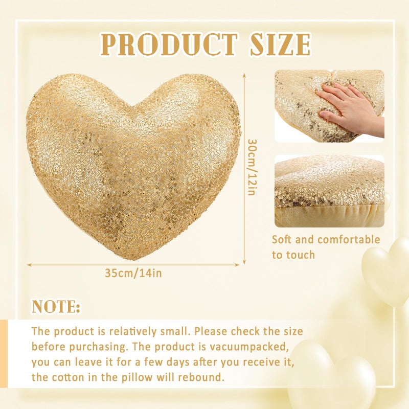 Yookeer Glitter Sequins Heart Shaped Pillow 14'' x 12'' Valentine's Day Decorative Sparkling Throw Pillows Solid Soft Shiny Cushion for Women Valentine Wedding Anniversary Bed Couch Decor(Gold) - Image 2