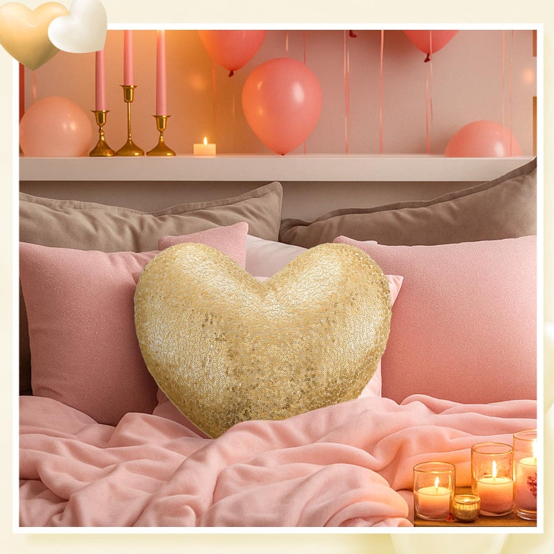 Yookeer Glitter Sequins Heart Shaped Pillow 14'' x 12'' Valentine's Day Decorative Sparkling Throw Pillows Solid Soft Shiny Cushion for Women Valentine Wedding Anniversary Bed Couch Decor(Gold) - Image 5
