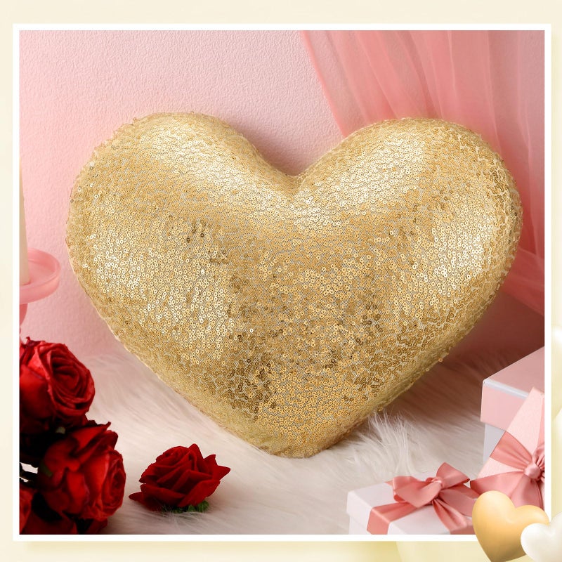 Yookeer Glitter Sequins Heart Shaped Pillow 14'' x 12'' Valentine's Day Decorative Sparkling Throw Pillows Solid Soft Shiny Cushion for Women Valentine Wedding Anniversary Bed Couch Decor(Gold) - Image 3