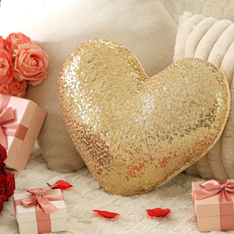 Yookeer Glitter Sequins Heart Shaped Pillow 14'' x 12'' Valentine's Day Decorative Sparkling Throw Pillows Solid Soft Shiny Cushion for Women Valentine Wedding Anniversary Bed Couch Decor(Gold) - Image 1