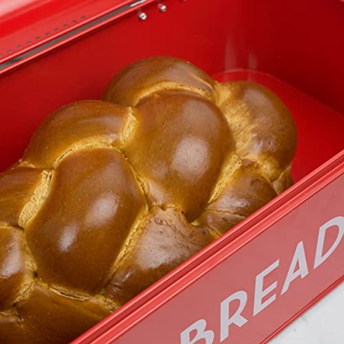 Home Basics Grove Bread Box For Kitchen Counter Dry Food Storage Container, Bread Bin, Store Bread Loaf, Dinner Rolls, Pastries, Baked Goods & More, Retro Vintage Design, Red - Image 2