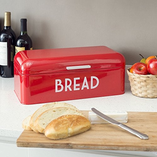 Home Basics Grove Bread Box For Kitchen Counter Dry Food Storage Container, Bread Bin, Store Bread Loaf, Dinner Rolls, Pastries, Baked Goods & More, Retro Vintage Design, Red - Image 5