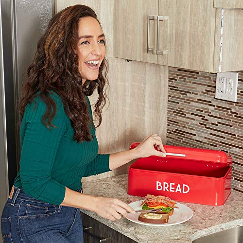 Home Basics Grove Bread Box For Kitchen Counter Dry Food Storage Container, Bread Bin, Store Bread Loaf, Dinner Rolls, Pastries, Baked Goods & More, Retro Vintage Design, Red - Image 4