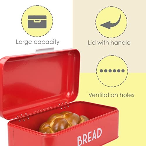 Home Basics Grove Bread Box For Kitchen Counter Dry Food Storage Container, Bread Bin, Store Bread Loaf, Dinner Rolls, Pastries, Baked Goods & More, Retro Vintage Design, Red - Image 3