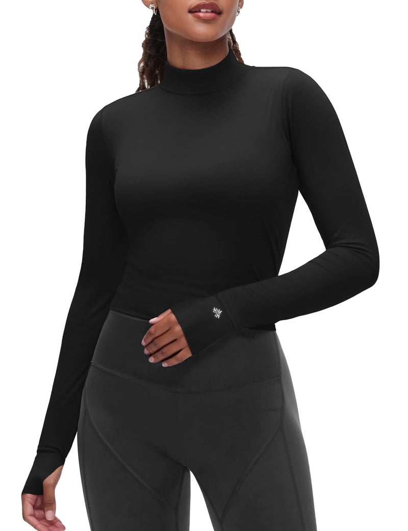 Zengjo Long Sleeve Workout Top Mock Neck Thumb Holes(Black,M) - Image 2