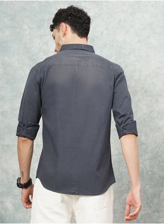 شركة المرآب الهندية Men Slim Fit Solid Full Sleeves Spread Collar Double Flap Pocket Casual Shirt