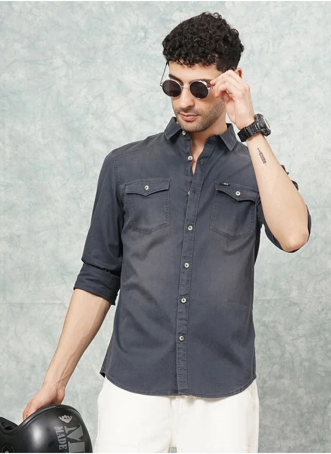شركة المرآب الهندية Men Slim Fit Solid Full Sleeves Spread Collar Double Flap Pocket Casual Shirt