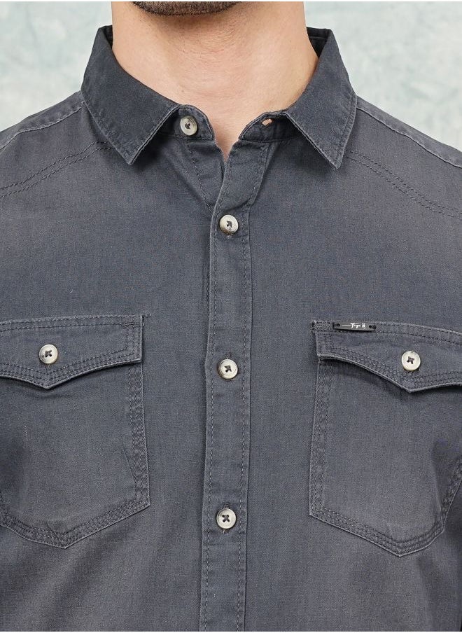 The Indian Garage Co Men Slim Fit Solid Full Sleeves Spread Collar Double Flap Pocket Casual Shirt  - Image 5