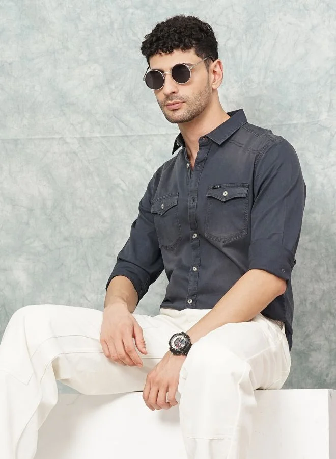 The Indian Garage Co Men Slim Fit Solid Full Sleeves Spread Collar Double Flap Pocket Casual Shirt