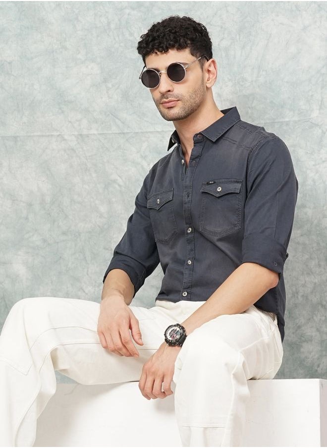 The Indian Garage Co Men Slim Fit Solid Full Sleeves Spread Collar Double Flap Pocket Casual Shirt  - Image 4