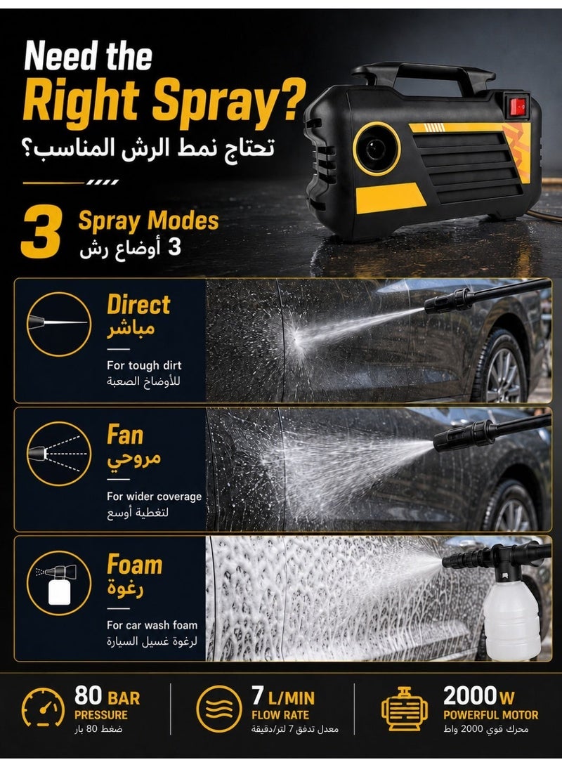 ALongDeng 2000W Pressure Washer, Electric High Pressure Washer 80 Bar with 7L/min Flow Rate, Portable Power Washer for Car Wash, Home & Outdoor Cleaning, High Pressure Car Washer with 7m Hose, Long Lance and Foam Bottle - Image 4