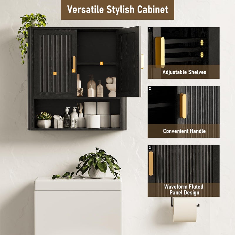 INNOD Bathroom Wall Cabinet, Wall-Mounted Medicine Cabinet with Adjustable Wood Shelf & Doors, Floating Bathroom Cabinet Over Toilet for Laundry Room & Kitchen & Living Room (Black) - Image 3