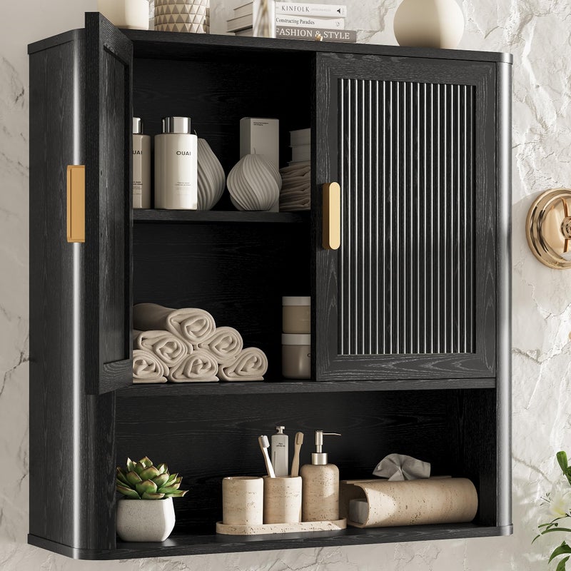 INNOD Bathroom Wall Cabinet, Wall-Mounted Medicine Cabinet with Adjustable Wood Shelf & Doors, Floating Bathroom Cabinet Over Toilet for Laundry Room & Kitchen & Living Room (Black) - Image 1
