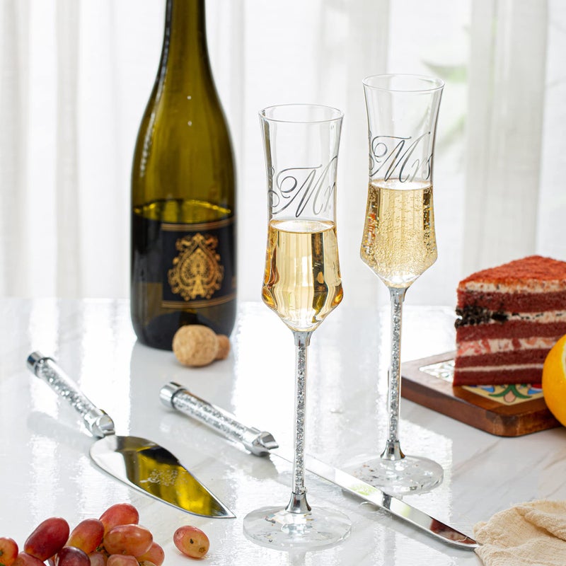 iooiluxry طقم كؤوس الشمبانيا وسكين تقطيع الكعكة من iooiluxry، كؤوس الشمبانيا للسيد والسيدة، كؤوس الشمبانيا للعروس والعريس وطقم تقطيع الكعكة للهدايا الزفاف - Image 4