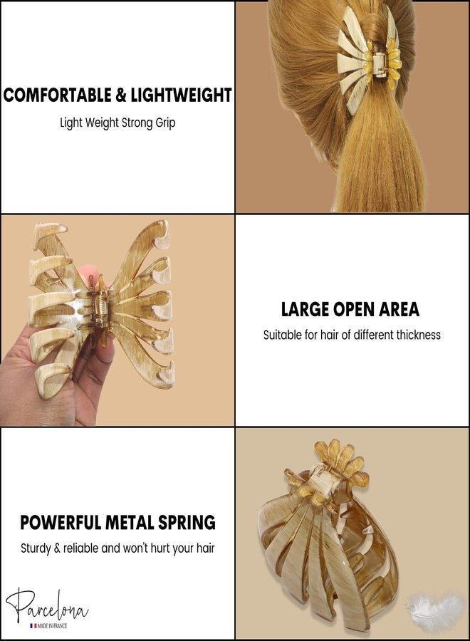 Parcelona French Fleur Medium 3.25" Wide Celluloid Claw Clips Covered Spring Fashion Durable Styling Clips Women Hair Accessories No Slip Grip Hair Clip for Girls, Made in France (Dusty Beige Brown) - Image 3