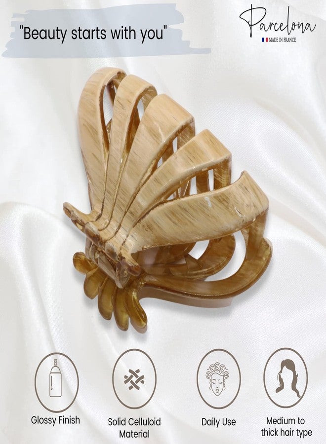 Parcelona French Fleur Medium 3.25" Wide Celluloid Claw Clips Covered Spring Fashion Durable Styling Clips Women Hair Accessories No Slip Grip Hair Clip for Girls, Made in France (Dusty Beige Brown) - Image 2