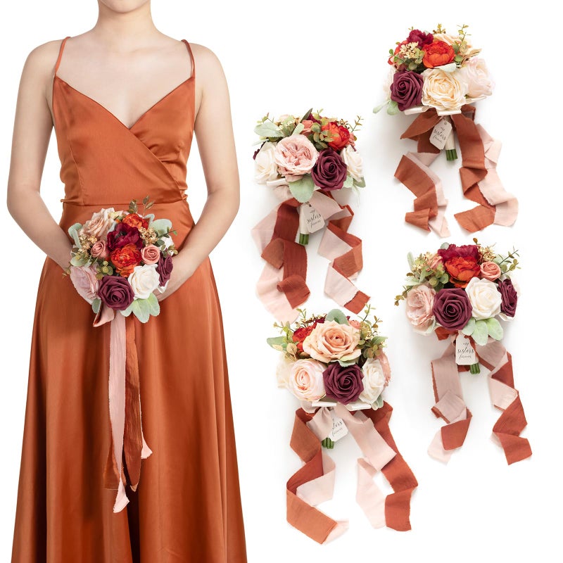 Ling's moment Lings Moment Terracotta Bridesmaid Bouquet Set of 4 Burnt Orange Wedding Bouquets for Bridesmaids 9 Maid of Honor Bouquet  7 Bridesmaids Bouquets x3 for Wedding Decor Ceremony 