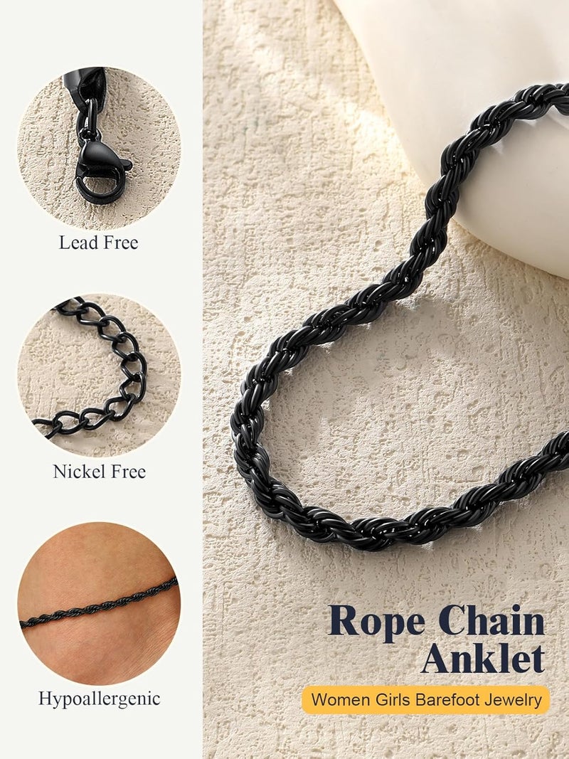 U7 Women Girls Barefoot Jewelry 18K Gold or Rose Gold Stainless Steel Heart/Rope/Figaro/Cuban Chain Anklet Foot Bracelet, 25-30 CM Long - Image 5