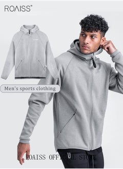 roaiss Men's Zipper up Hooded Sweatshirt with Pockets Fall Winter Clothing for Men Sportswear Men Casual Outerwear Activewear Loose Sweatshirt Jacket Plus Size Solid Color Coat Grey  - Image 2