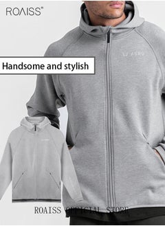 roaiss Men's Zipper up Hooded Sweatshirt with Pockets Fall Winter Clothing for Men Sportswear Men Casual Outerwear Activewear Loose Sweatshirt Jacket Plus Size Solid Color Coat Grey  - Image 1