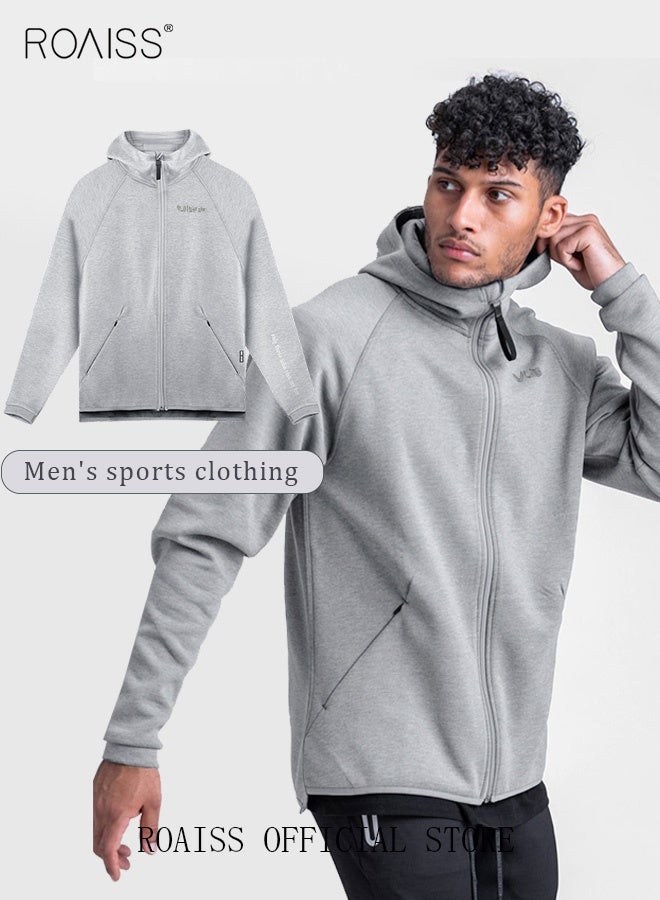 roaiss Men's Zipper up Hooded Sweatshirt with Pockets Fall Winter Clothing for Men Sportswear Men Casual Outerwear Activewear Loose Sweatshirt Jacket Plus Size Solid Color Coat Grey  - Image 2