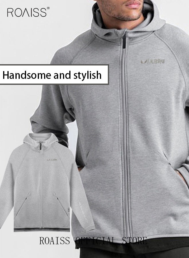 roaiss Men's Zipper up Hooded Sweatshirt with Pockets Fall Winter Clothing for Men Sportswear Men Casual Outerwear Activewear Loose Sweatshirt Jacket Plus Size Solid Color Coat Grey  - Image 1