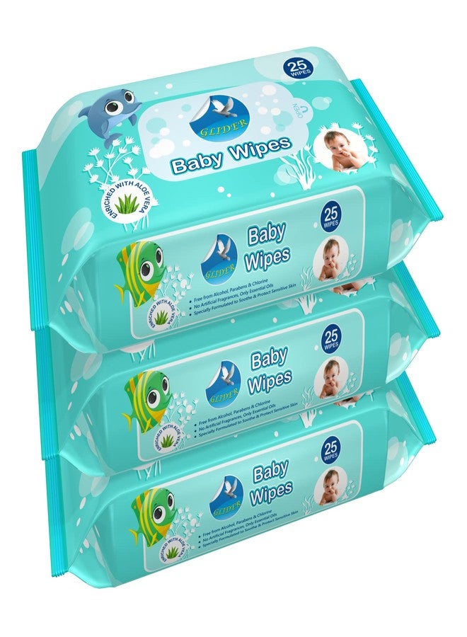 Glider Baby Wipes | 25 Wipes per Pack | Gentle & Ultra-Soft with 98% Water, Aloe Vera & Vitamin E | (Pack of 3 - 75 Wipes) - Image 1