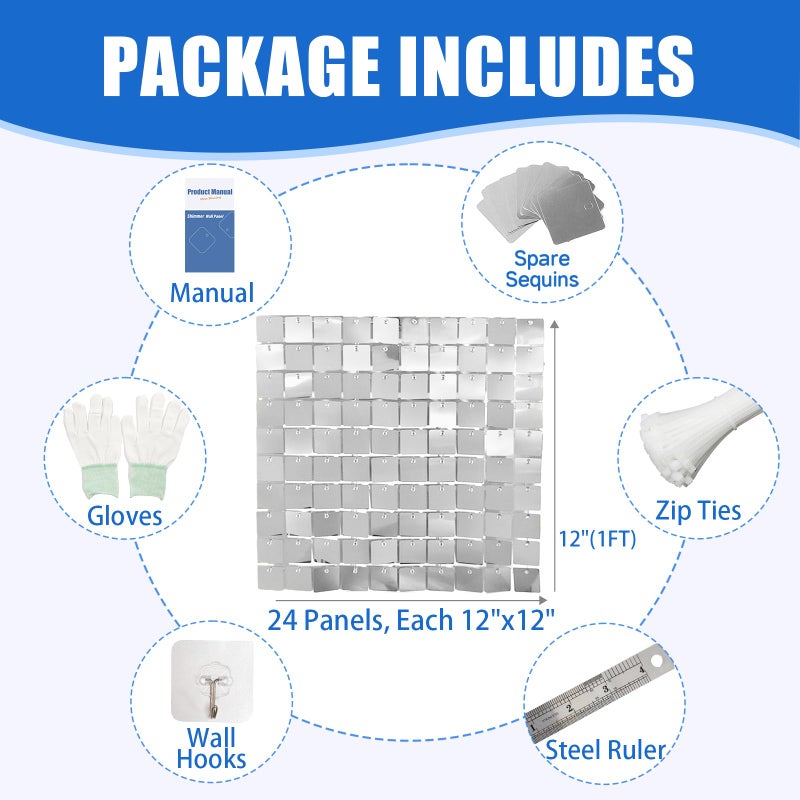 Ozikutech 24 Pcs Silver Shimmer Wall Backdrop Panels for Party Decoration, 12 inch x 12 inch Silver Sequin Backdrop for Birthday Graduation Anniversary Engagement - Image 2