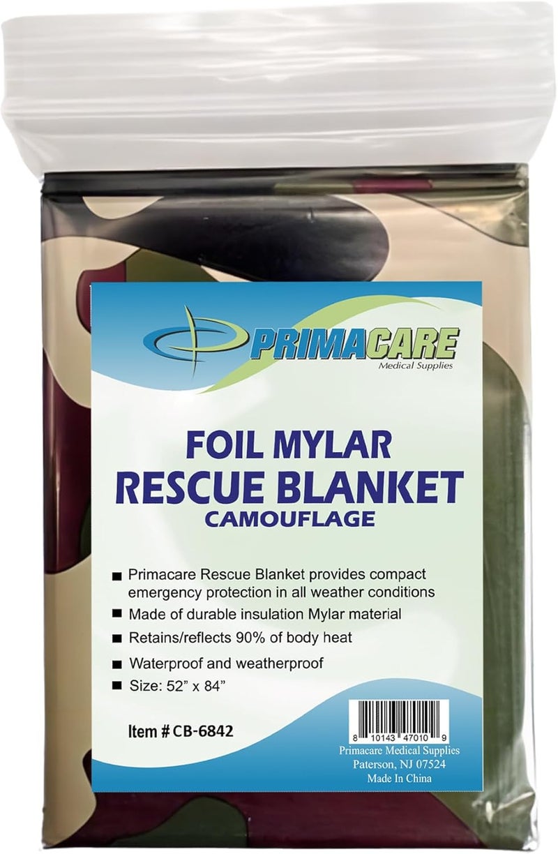 PRIMACARE CB-6842-10 Emergency Mylar Thermal Blankets 10 Pack – 84"x52" Waterproof Space Blankets for Survival, First Aid, Camping, Hiking, Outdoor & Emergency Use – Lightweight Camouflage Design - Image 3