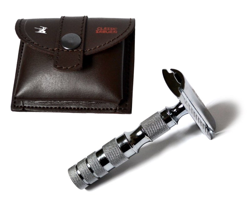 Classic Samurai CS205 Classic Samurai Travel Double Edge Safety Razor Chrome Plated with Free Leather Case