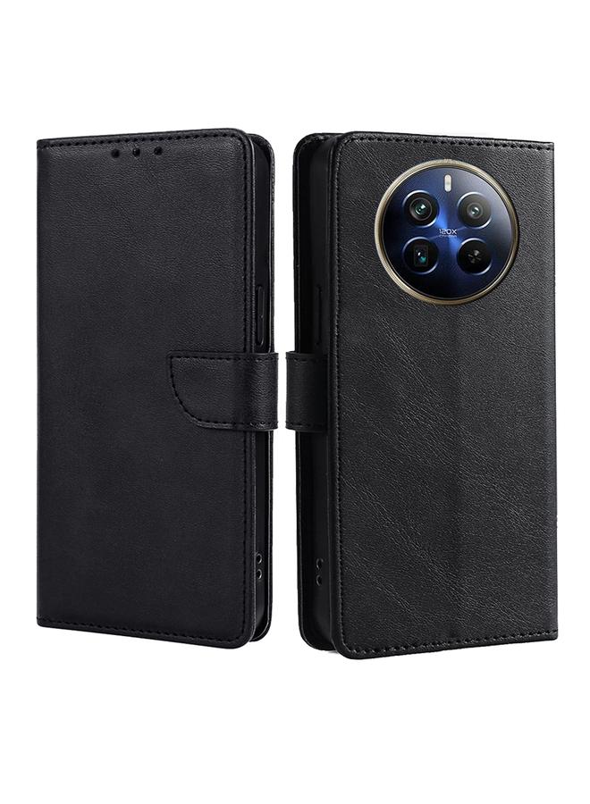 جراب هاتف من الجلد القابل للطي بمشبك من جلد العجل لهاتف Realme 12 Pro 5G (أسود)