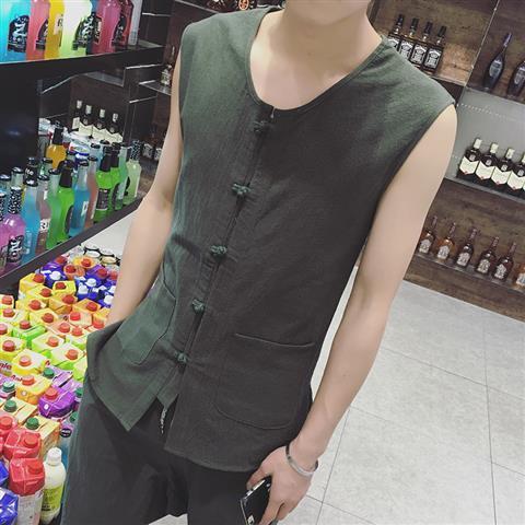 Summer Retro Chinese Style Buckle Cotton and Linen Vest Mens Tang Suit Hanfu Sweatshirt Youth Sleeveless T-Shirt Casual Waistcoat Black - Image 4