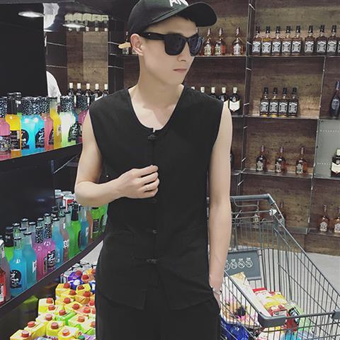 Summer Retro Chinese Style Buckle Cotton and Linen Vest Mens Tang Suit Hanfu Sweatshirt Youth Sleeveless T-Shirt Casual Waistcoat Black - Image 1