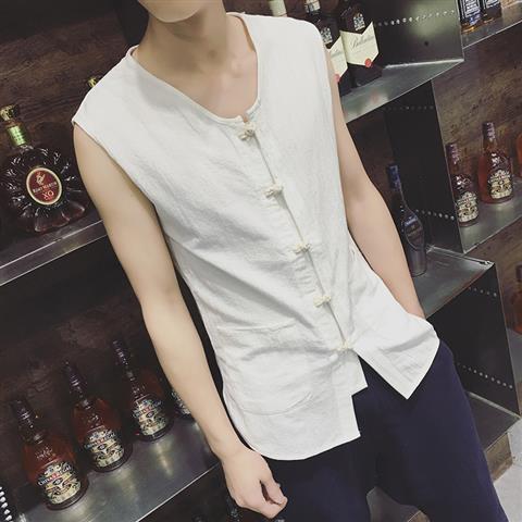 Summer Retro Chinese Style Buckle Cotton and Linen Vest Mens Tang Suit Hanfu Sweatshirt Youth Sleeveless T-Shirt Casual Waistcoat Black - Image 2