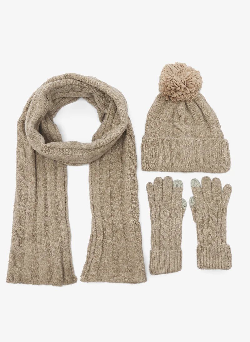 جينجر 3PK Beanie, Scarf & Glove Knitwear Set
