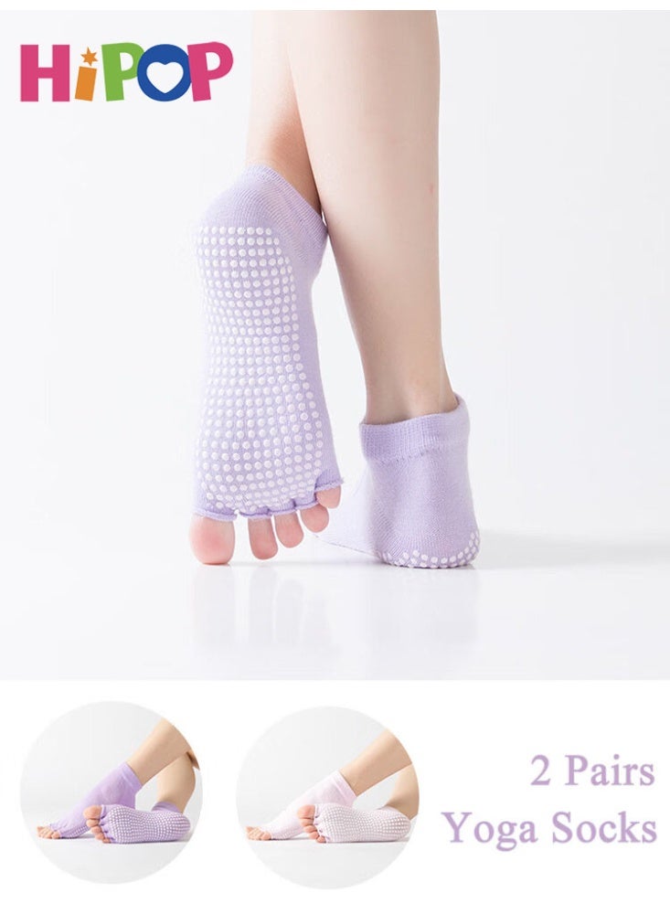 HIPOP Toeless Yoga Socks, 2 Pairs Pilates Grip Socks, Cotton Open Five Toe Sports Socks, Anti Skid Breathable Sweat Wicking Ankle Socks for Pilates, Ballet Dance, Barefoot Workout (Pink+Purple) - Image 1