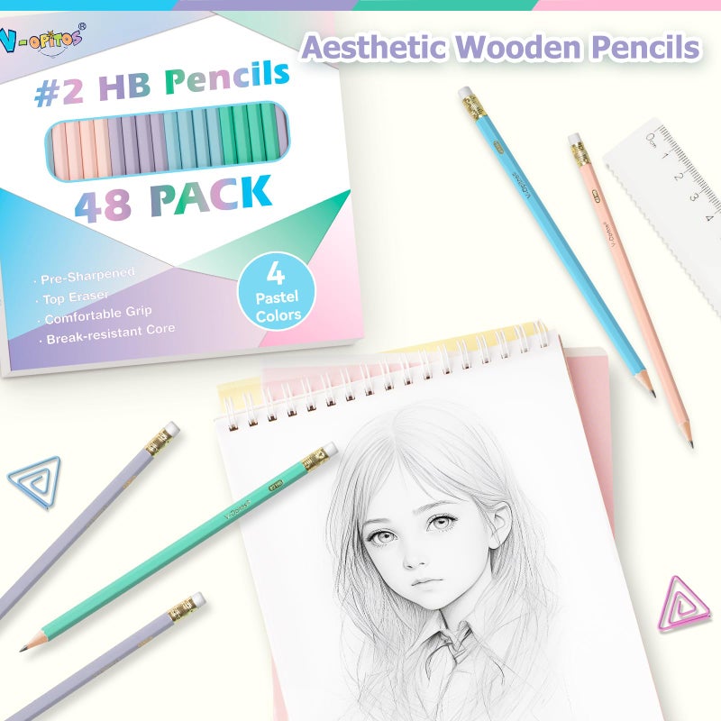 V-Opitos Wood-Cased #2 HB Pencils, 48 Pack Pre-Sharpened Pencils with Top Erasers, Bulk Pastel Color Pencils for School Teacher Supplies, Writing, Drawing and Sketching - Image 2