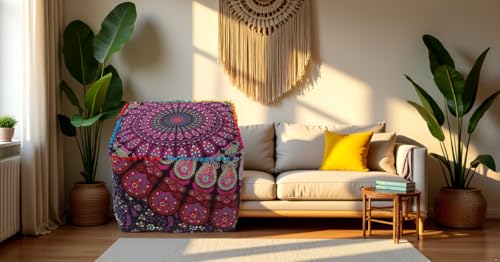 CRAFT KALA Indian Square Patchwork Traditional Pouf Cover Indian Living Room Poufs Cover Decorative Designer Ottoman Home Living Footstool Chair Cover Ottoman Decor 16X16X14 inches, Pink Mirchi - Image 3