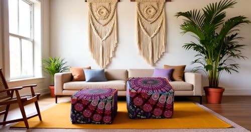 CRAFT KALA Indian Square Patchwork Traditional Pouf Cover Indian Living Room Poufs Cover Decorative Designer Ottoman Home Living Footstool Chair Cover Ottoman Decor 16X16X14 inches, Pink Mirchi - Image 5