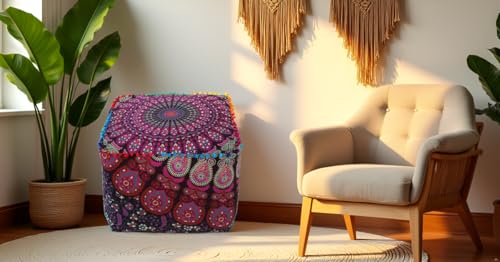 CRAFT KALA Indian Square Patchwork Traditional Pouf Cover Indian Living Room Poufs Cover Decorative Designer Ottoman Home Living Footstool Chair Cover Ottoman Decor 16X16X14 inches, Pink Mirchi - Image 4